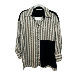 Zara Basic Womens Size XS Long Sleeve‎ Color Block Chain Print Button Blouse Top